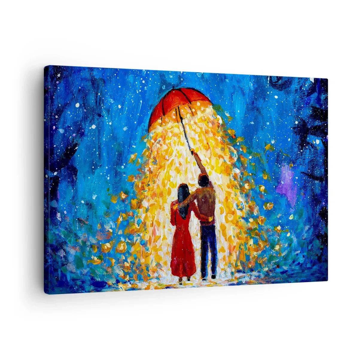 Lærredstryk - Billede på lærred - Et par under en rød paraply i den lysende regn - 70x50cm - Magien ved en regnfuld aften? - Moderne vægdekoration til stue og soveværelse ARTTOR