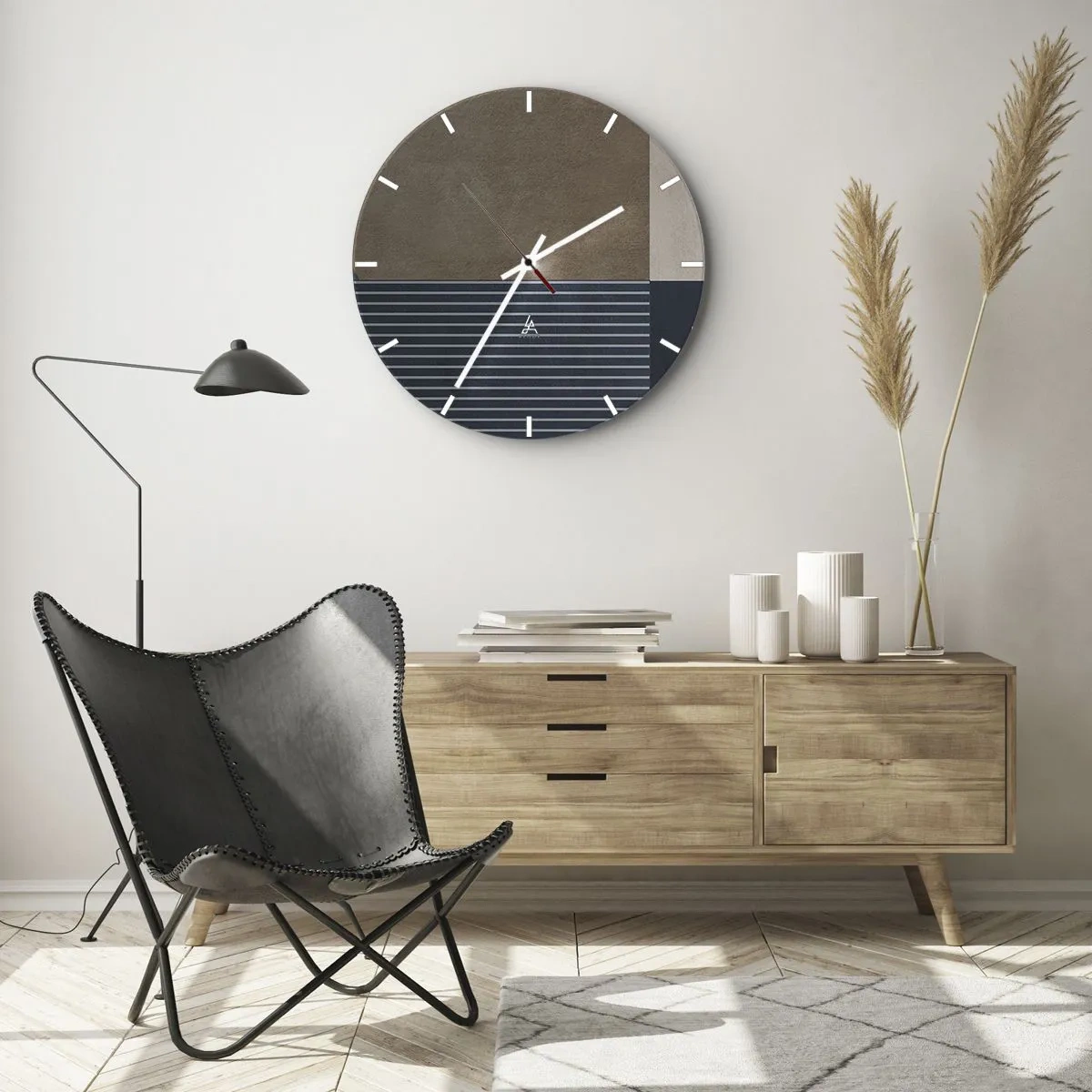 Vægur, Uret - Et minimalistisk arrangement af farver og linjer i en geometrisk form - 30x30cm - En komposition af enkelhed og rundhed - Moderne vægdekoration til stue, køkken og soveværelse ARTTOR