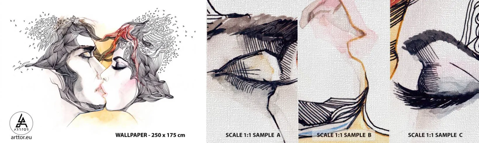 Prøve Fototapet Premium Canvas - Verden eksisterer ikke - Abstraktion, Et par kærester, Kys - 100x30 cm