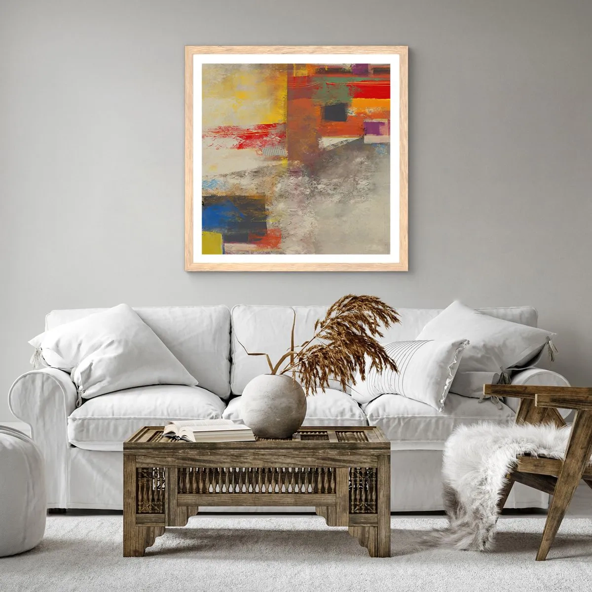 Plakat i ramme af lyst egetræ - Geometri af farver - 50x50 cm