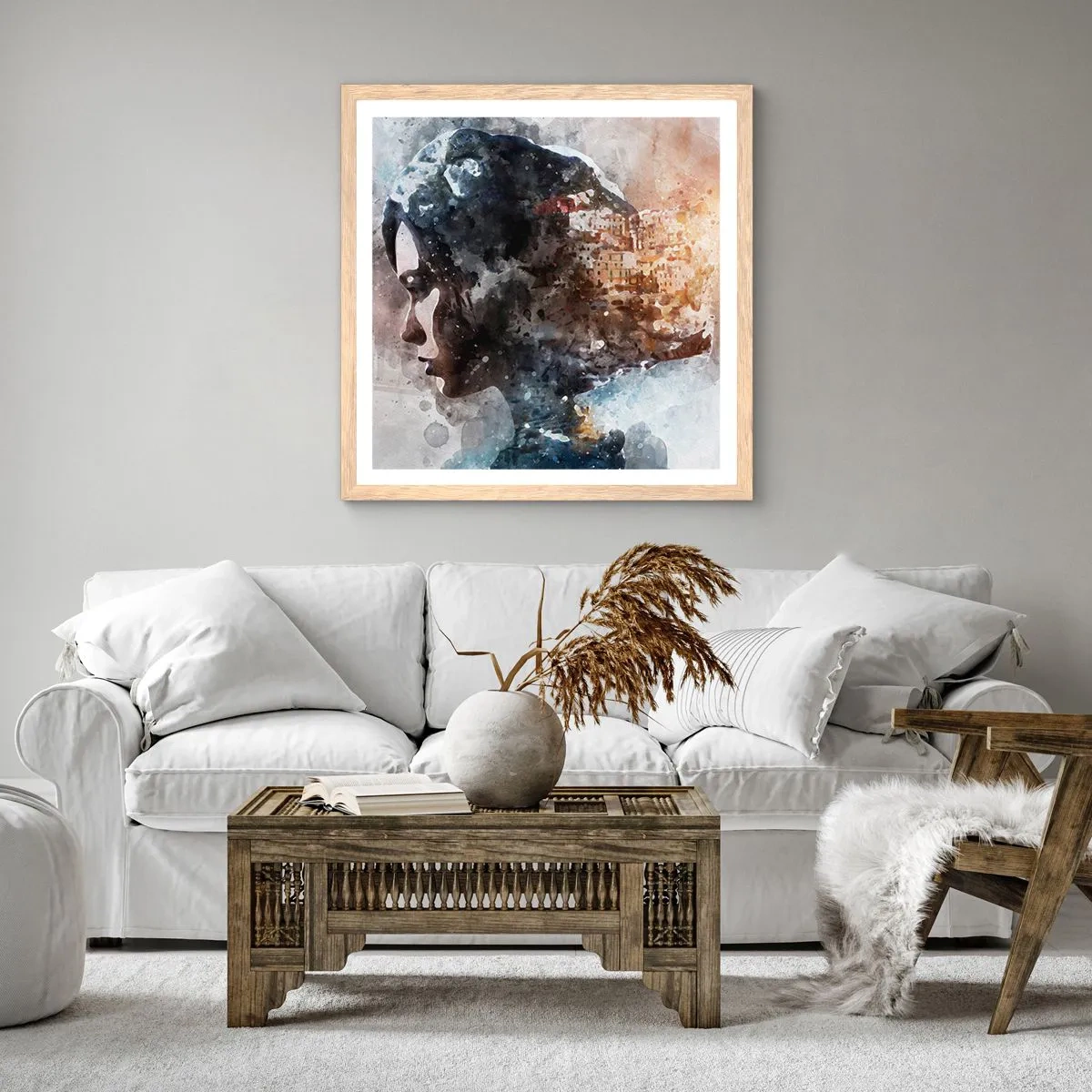 Plakat i ramme af lyst egetræ - Historien om en pige med en by i baggrunden - 40x40 cm