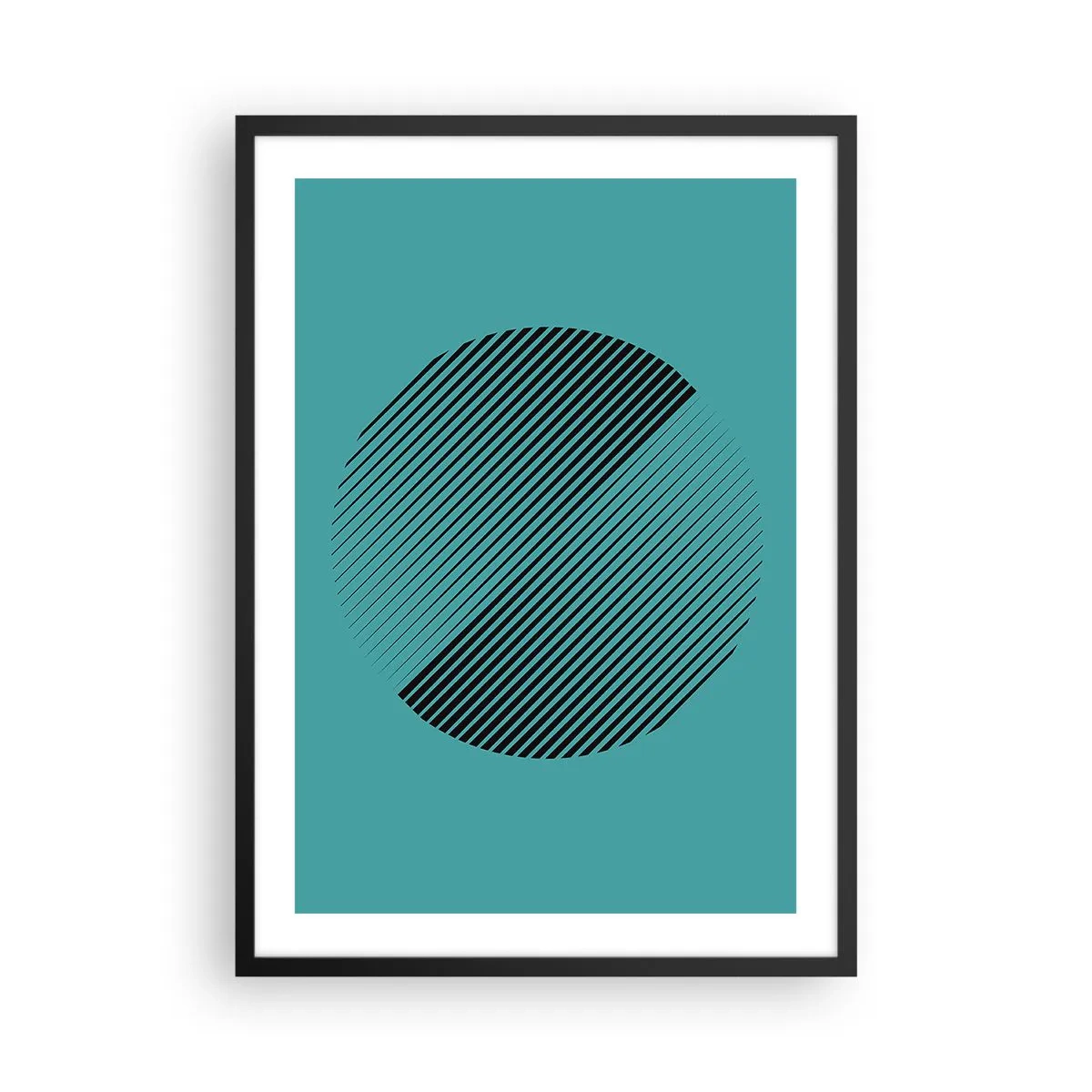 Plakat i sort ramme - Minimalistisk cirkelgrafik med linjer på en turkis baggrund - 50x70cm - Cirklen - en geometrisk variation - Moderne vægdekoration til stue og soveværelse ARTTOR