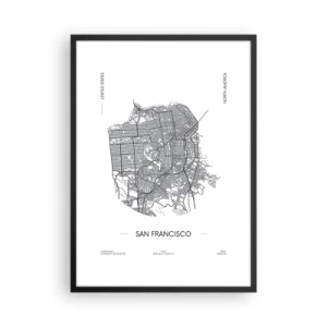 Plakat i sort ramme - Et minimalistisk kort over San Francisco i sort-hvid. - 50x70cm - San Franciscos anatomi - Moderne vægdekoration til stue og soveværelse ARTTOR