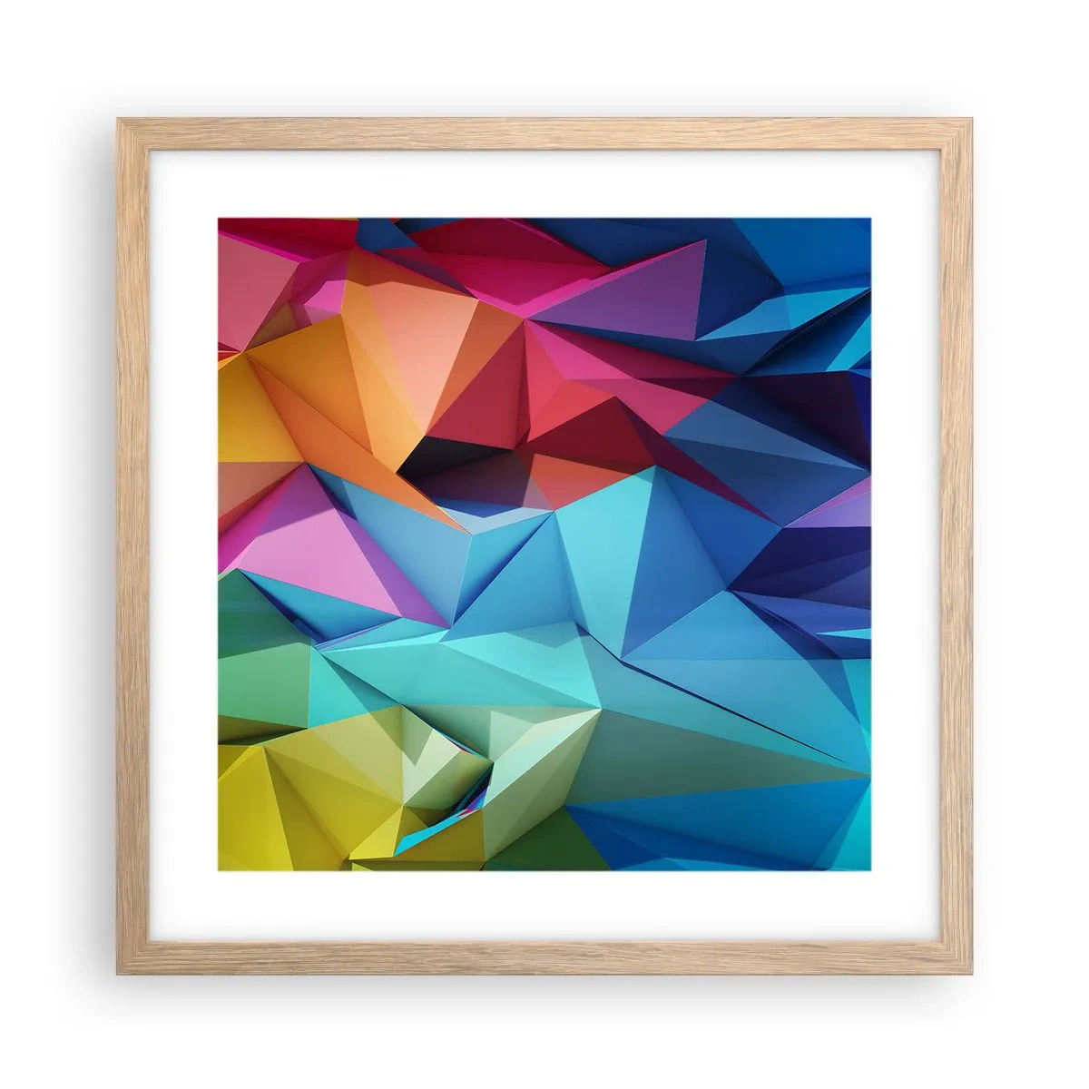 Plakat i ramme af lyst egetræ - Regnbue origami - 40x40 cm