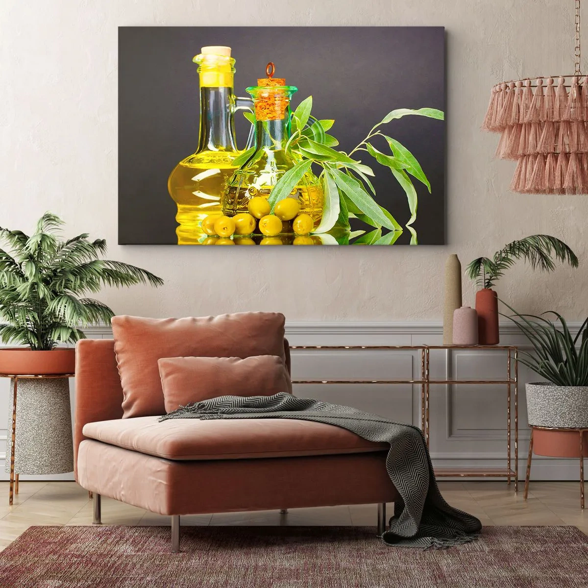 Lærredstryk - Billede på lærred - Flasker med olivenolie og oliventræsgrene - 70x50cm - Stilleben med oliven og olie - Moderne vægdekoration til stue og soveværelse ARTTOR
