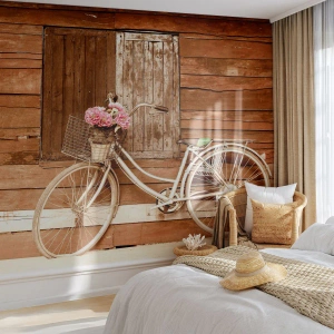 Fototapet Standard Eco - Jeg vender tilbage om lidt - Cykel, Blomster, Træhus - 250x175 cm