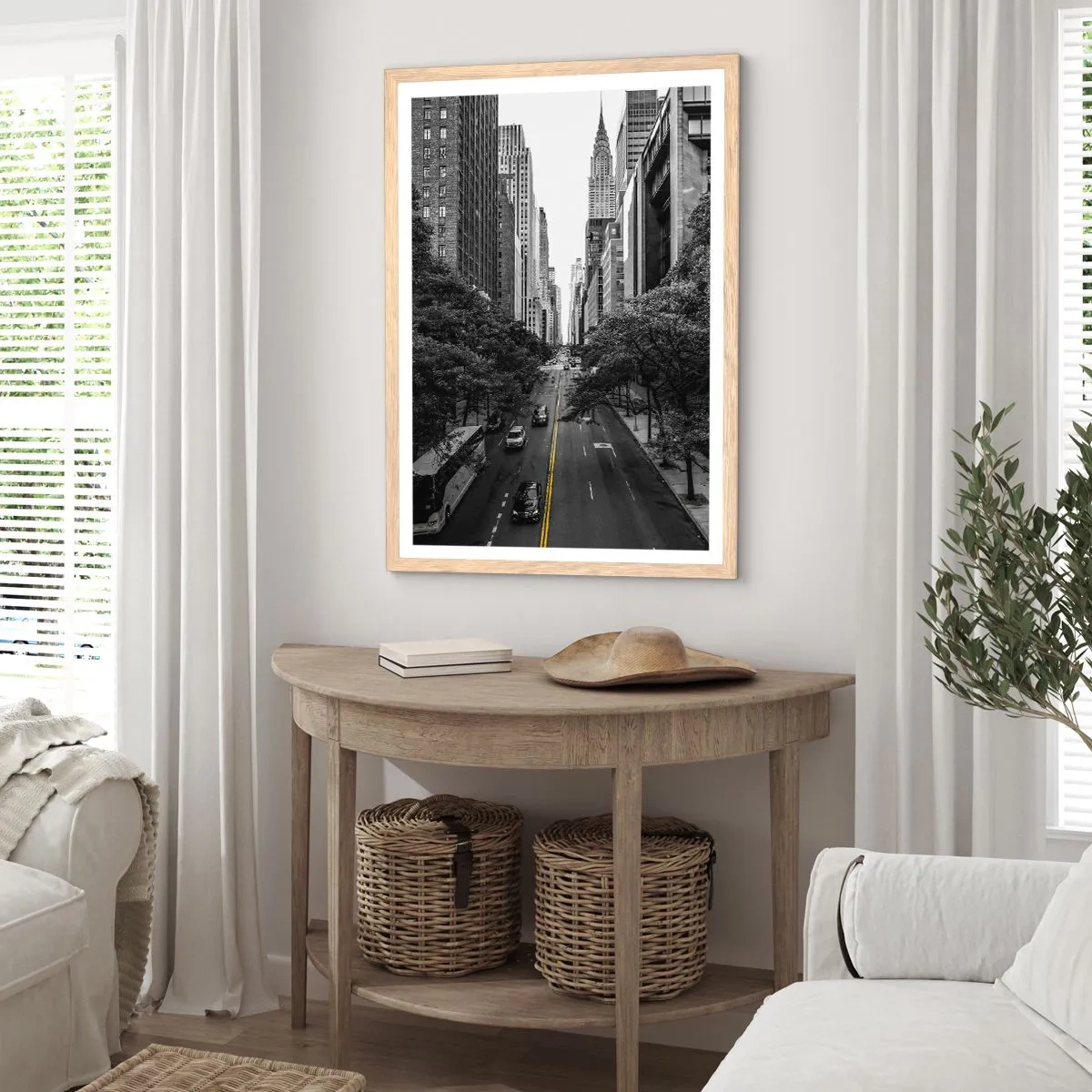 Plakat i ramme af lyst egetræ - New York morgen - 70x100 cm