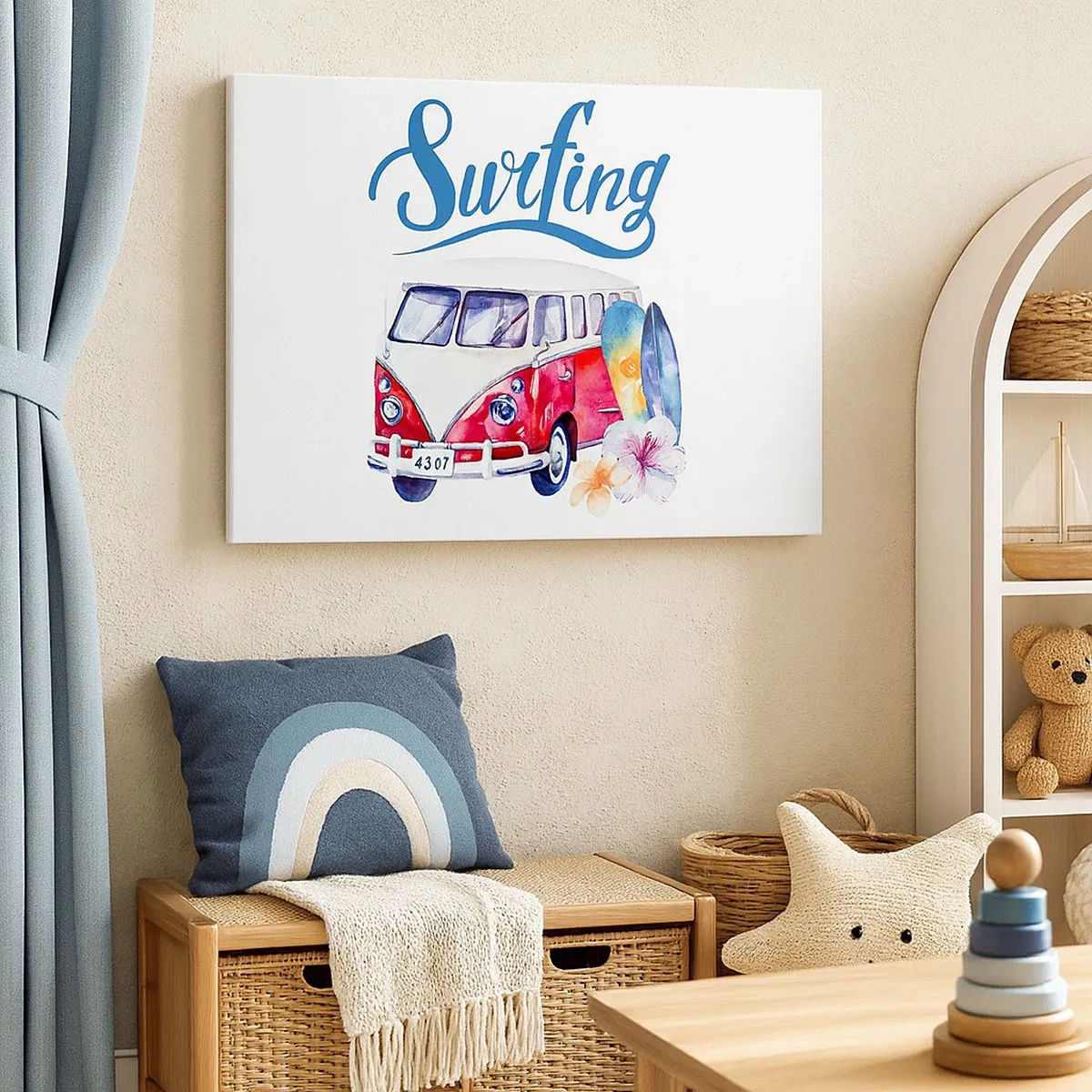 Lærredstryk - Billede på lærred - Farverig grafik med en bus og et surfing-tema - 70x50cm - Agurk - en klassiker for surferen - Moderne vægdekoration til stue og soveværelse ARTTOR