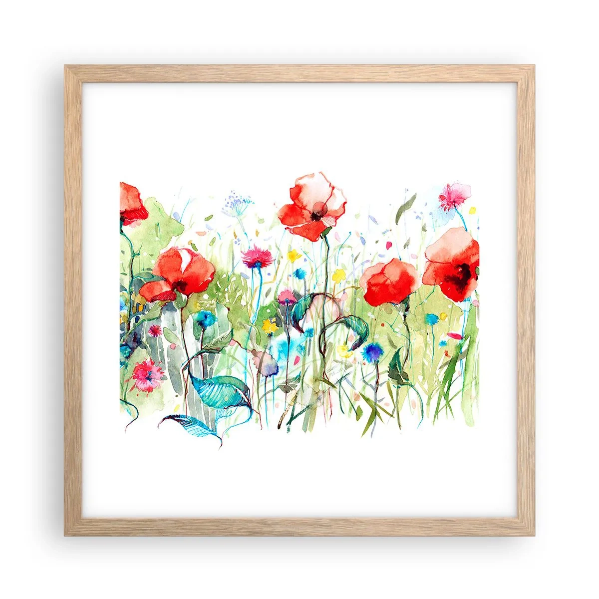 Plakat i ramme af lyst egetræ - En blomstrende eng i maj - 40x40 cm