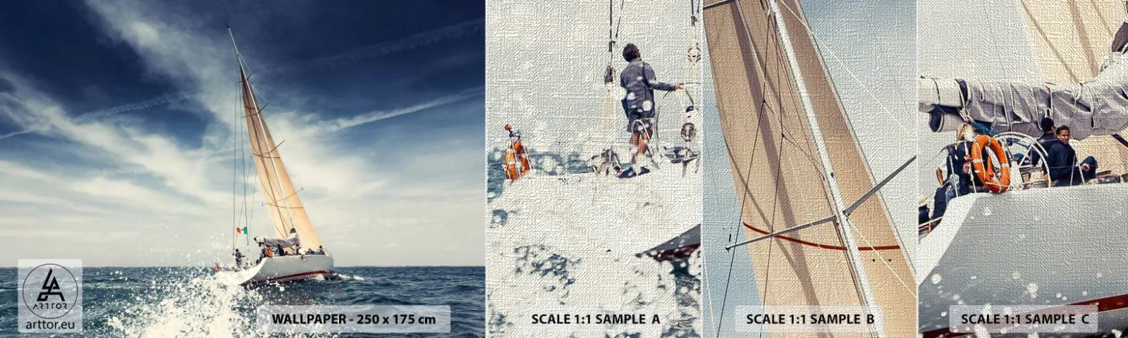 Prøve Fototapet Premium Canvas - De kan ikke indhente os! - Sejlbåd, Ocean, Sejlbåd - 100x30 cm