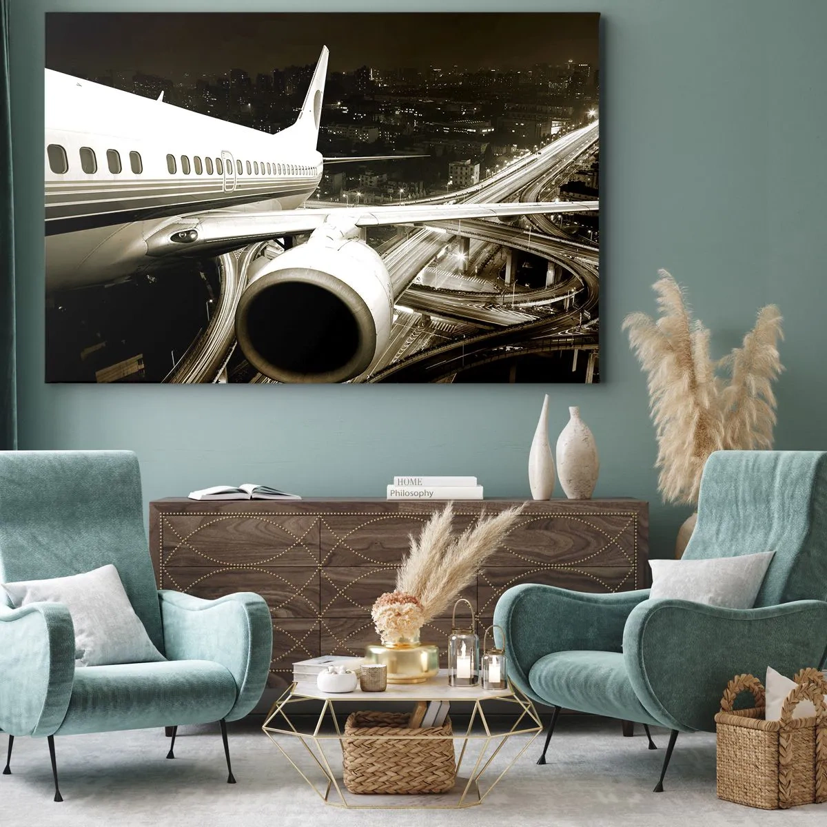 Lærredstryk - Billede på lærred - Et fly over en natby med oplyste motorveje - 70x50cm - Stiger ind i natten - Moderne vægdekoration til stue og soveværelse ARTTOR