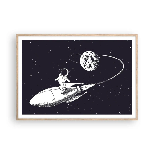 Plakat i ramme af lyst egetræ - Space surfer - 100x70 cm