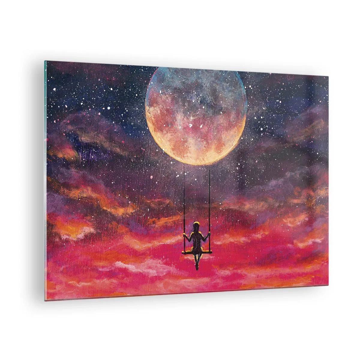 Billede på glas - En pige på en gynge hængende under månen - 70x50cm - Glæd dig i skyerne - Moderne vægdekoration til stue og soveværelse ARTTOR