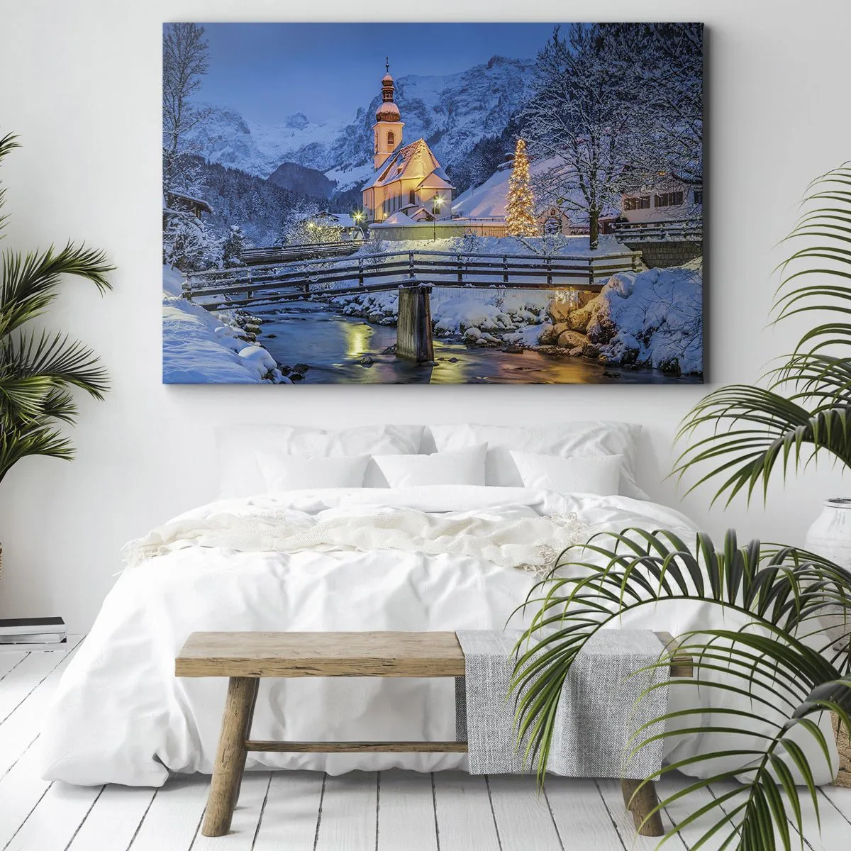 Lærredstryk - Billede på lærred - Vinterlandskab med kirke, bro og bjerge i skumringen - 70x50cm - Julens ånd - Moderne vægdekoration til stue og soveværelse ARTTOR