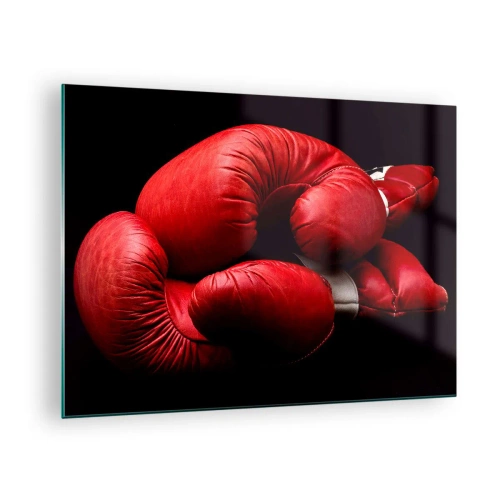 Billede på glas - Røde boksehandsker på en sort baggrund - 70x50cm - Kampens spænding bag os - Moderne vægdekoration til stue og soveværelse ARTTOR