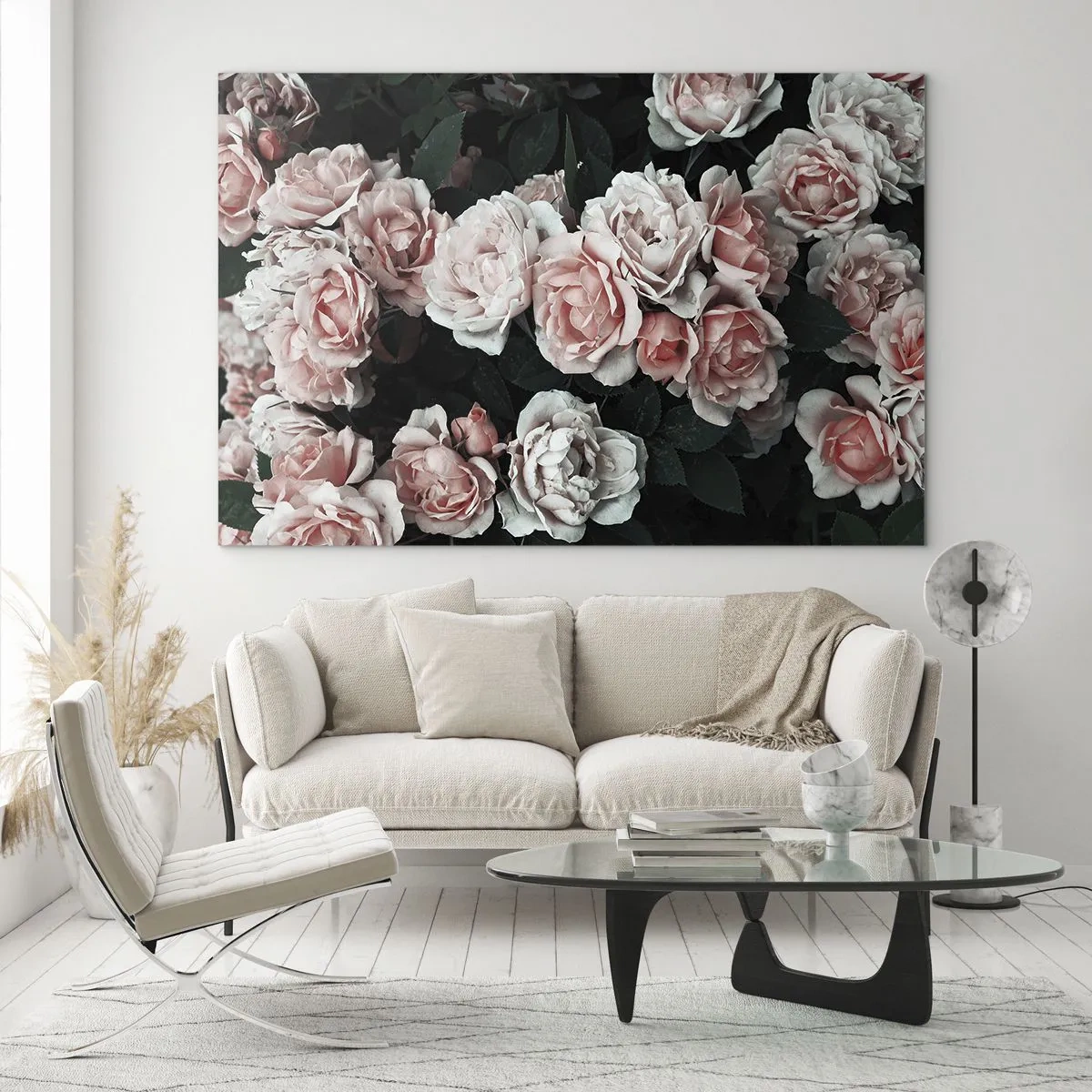 Billede på glas - Nærbillede af en buket lyserøde roser på en mørk baggrund - 70x50cm - Lyserød ansamble - Moderne vægdekoration til stue og soveværelse ARTTOR