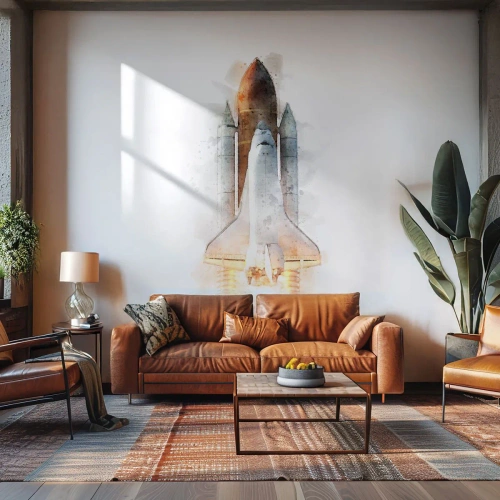 Fototapet Selvklæbende Deluxe Sticker - Opdagelsesrejsende i starten - En rumraket, Kosmos, Minimalisme - 150x105 cm