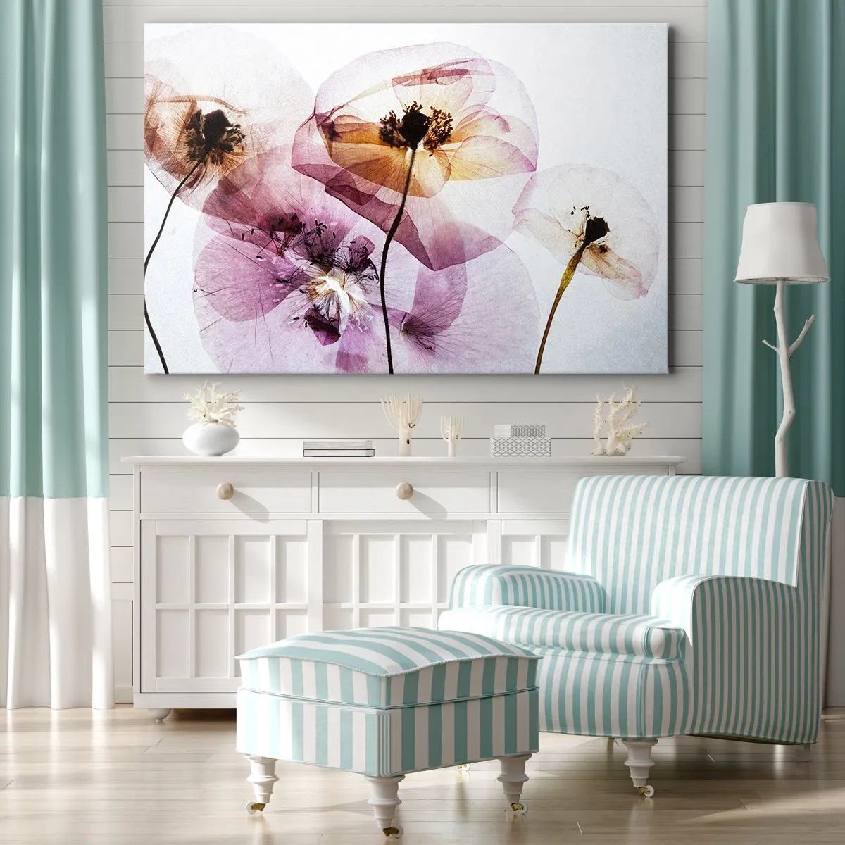 Lærredstryk - Billede på lærred - Delikate gennemsigtige blomster i pastelfarver - 70x50cm - Blomsterlegeme dias - Moderne vægdekoration til stue og soveværelse ARTTOR