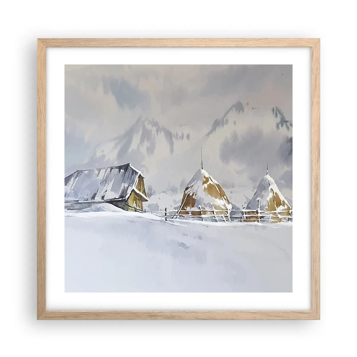 Plakat i ramme af lyst egetræ - I en sneklædt dal - 50x50 cm