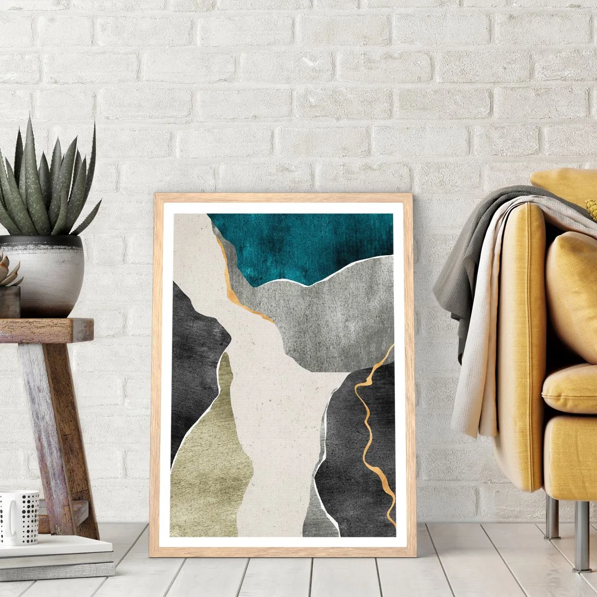 Plakat i ramme af lyst egetræ - Mosaikkomposition med en streng af guld - 40x50 cm