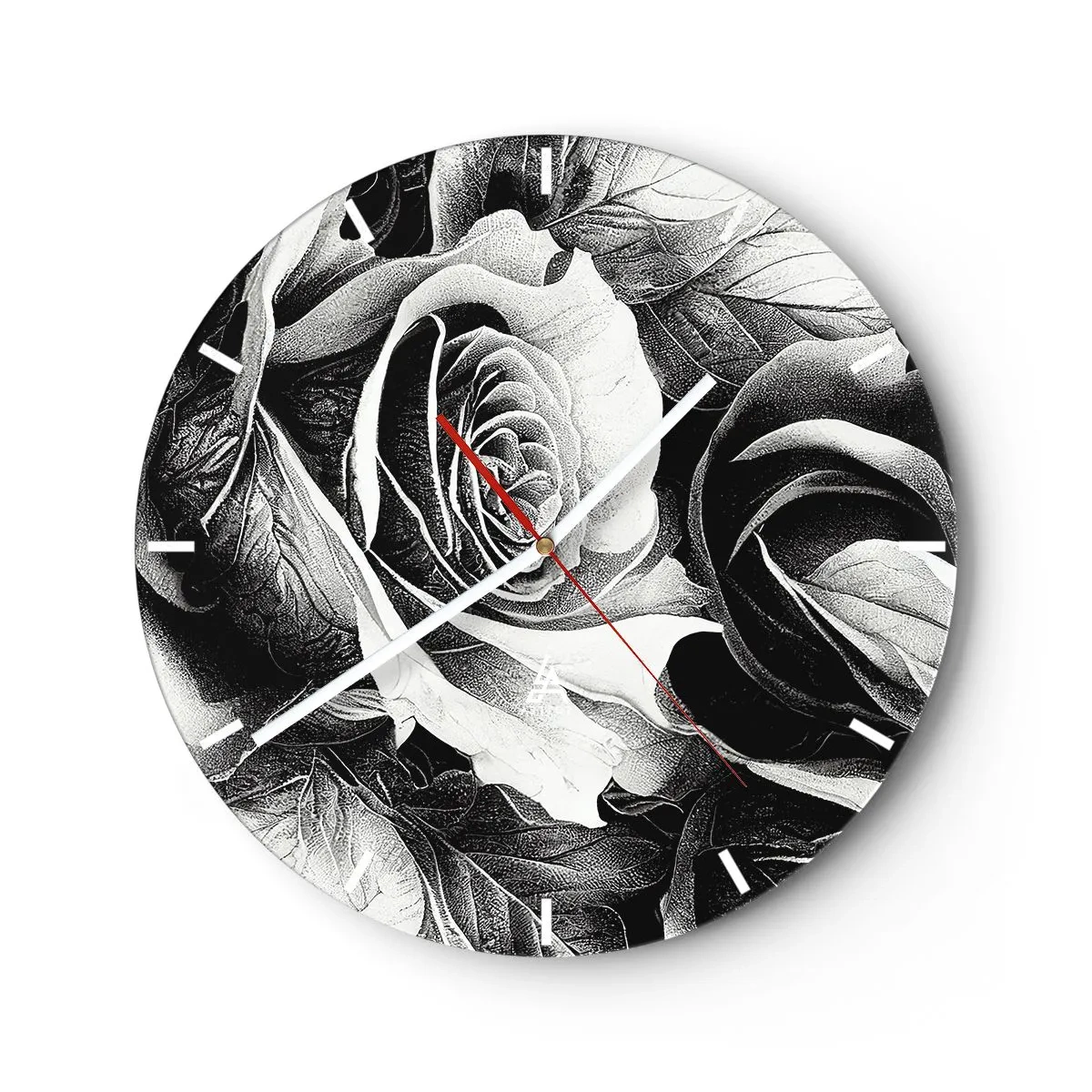 Vægur, Uret - Sort-hvid rosekunst i klassisk tegnestil - 30x30cm - Altid dronning - Moderne vægdekoration til stue, køkken og soveværelse ARTTOR