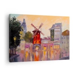 Lærredstryk - Billede på lærred - Den røde vindmølle på Moulin Rouge omgivet af bybilledet - 70x50cm - Parisiske ikoner - Moulin Rouge - Moderne vægdekoration til stue og soveværelse ARTTOR