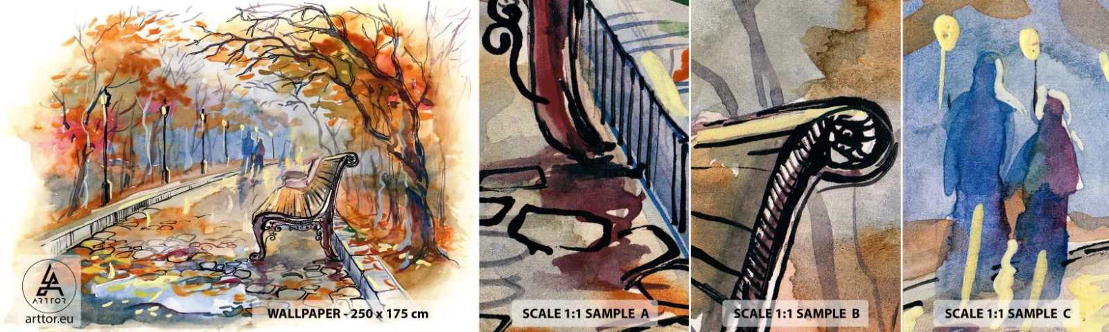 Prøve Fototapet Selvklæbende Deluxe Sticker - Gå sammen ind i efteråret - Landskab, Parkere, Efterår - 100x30 cm