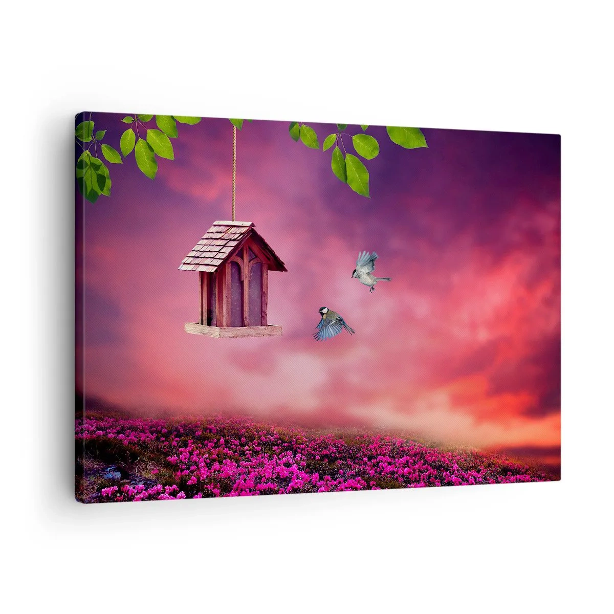 Lærredstryk - Billede på lærred - Et malerisk landskab med et fuglehus og en solnedgang - 70x50cm - Invitation til middag - Moderne vægdekoration til stue og soveværelse ARTTOR