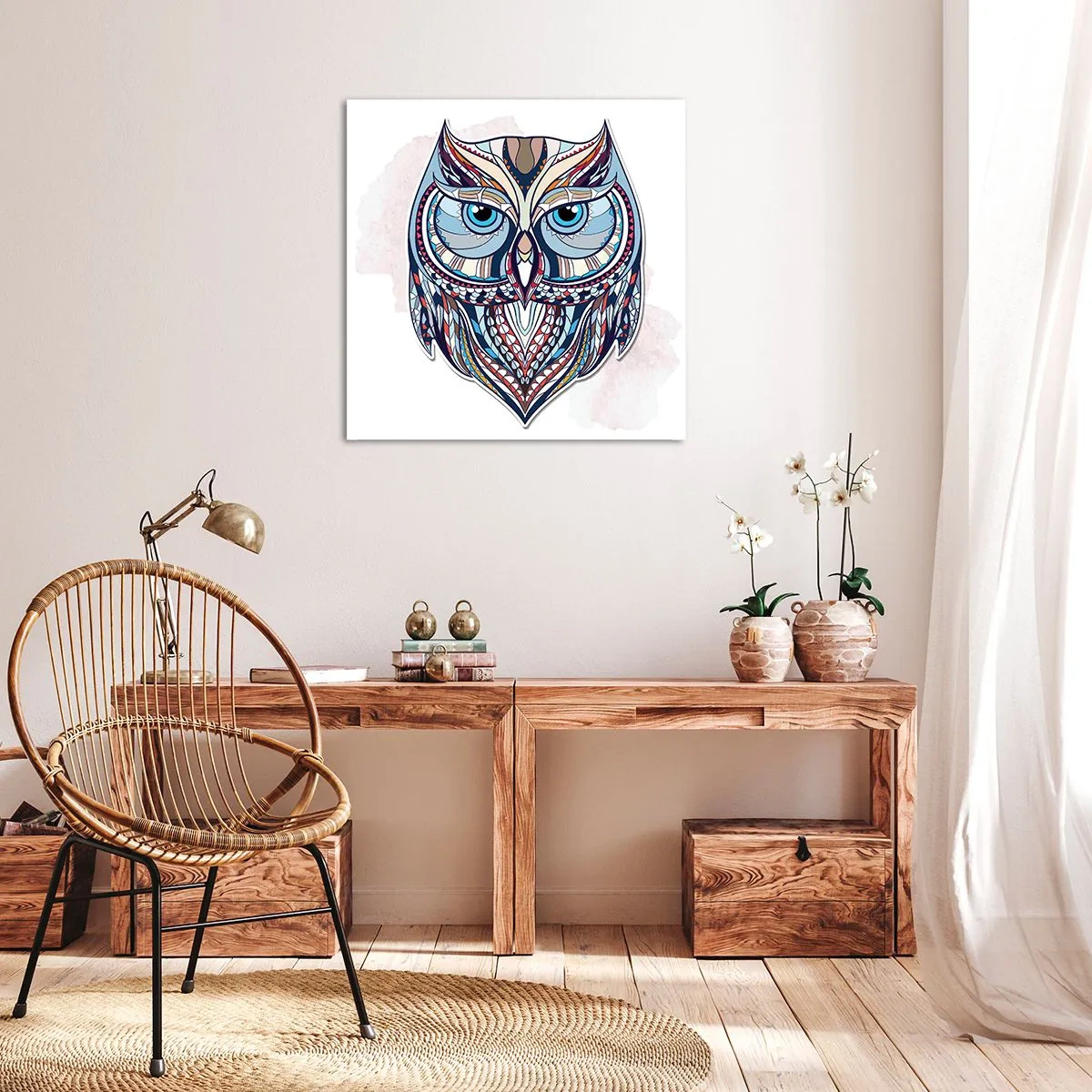 Lærredstryk - Billede på lærred - Kunstnerisk ornamental ugle - 30x30 cm