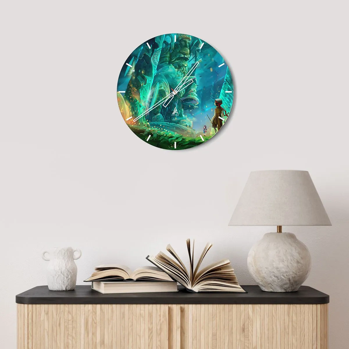 Vægur, Uret - Et fantastisk landskab med figurer og totemer - 30x30cm - Fra den store eventyrbog - Moderne vægdekoration til stue, køkken og soveværelse ARTTOR