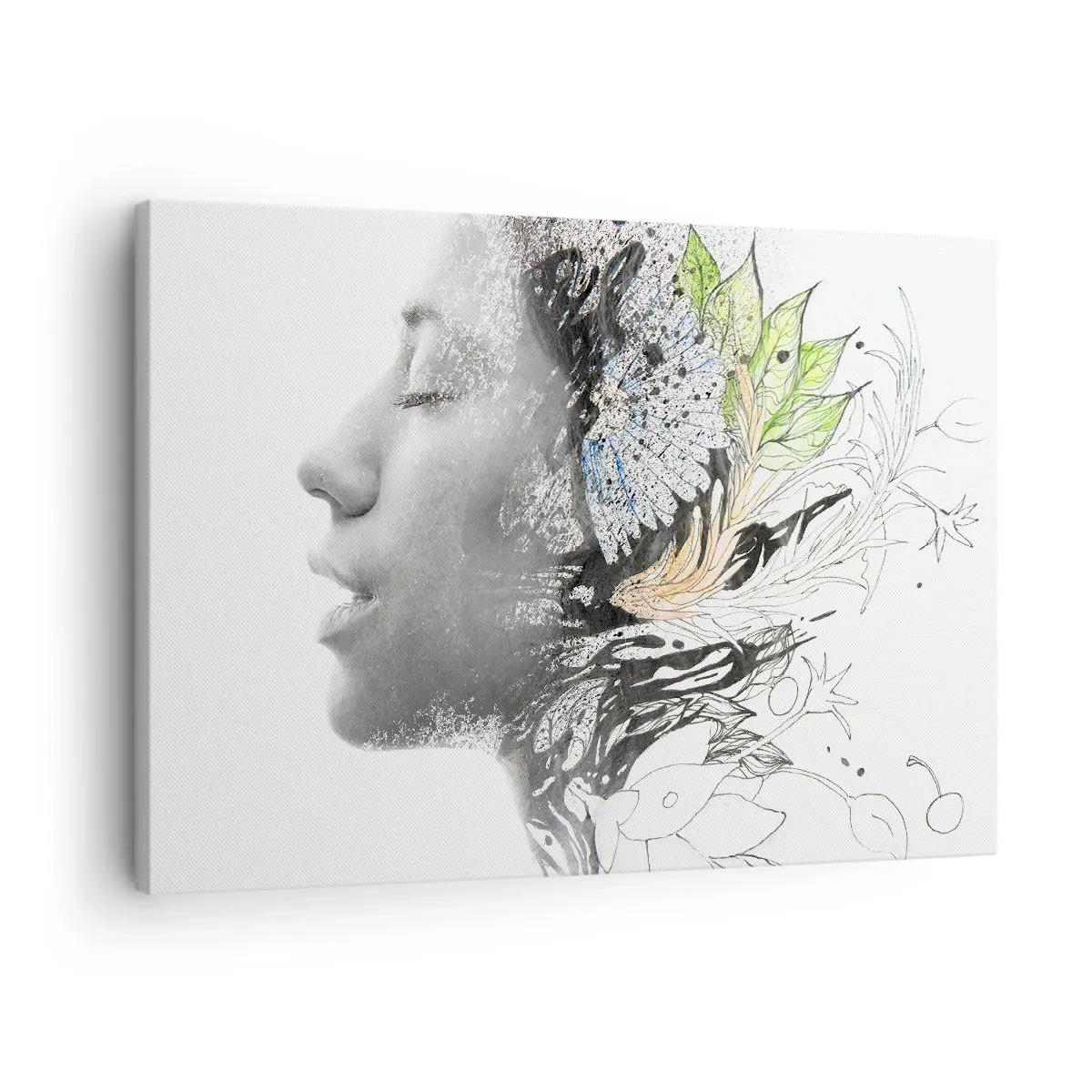 Lærredstryk - Billede på lærred - Profil af en kvinde i en kunstnerisk collage af natur og sorthed - 70x50cm - Nedsænket i naturen - Moderne vægdekoration til stue og soveværelse ARTTOR