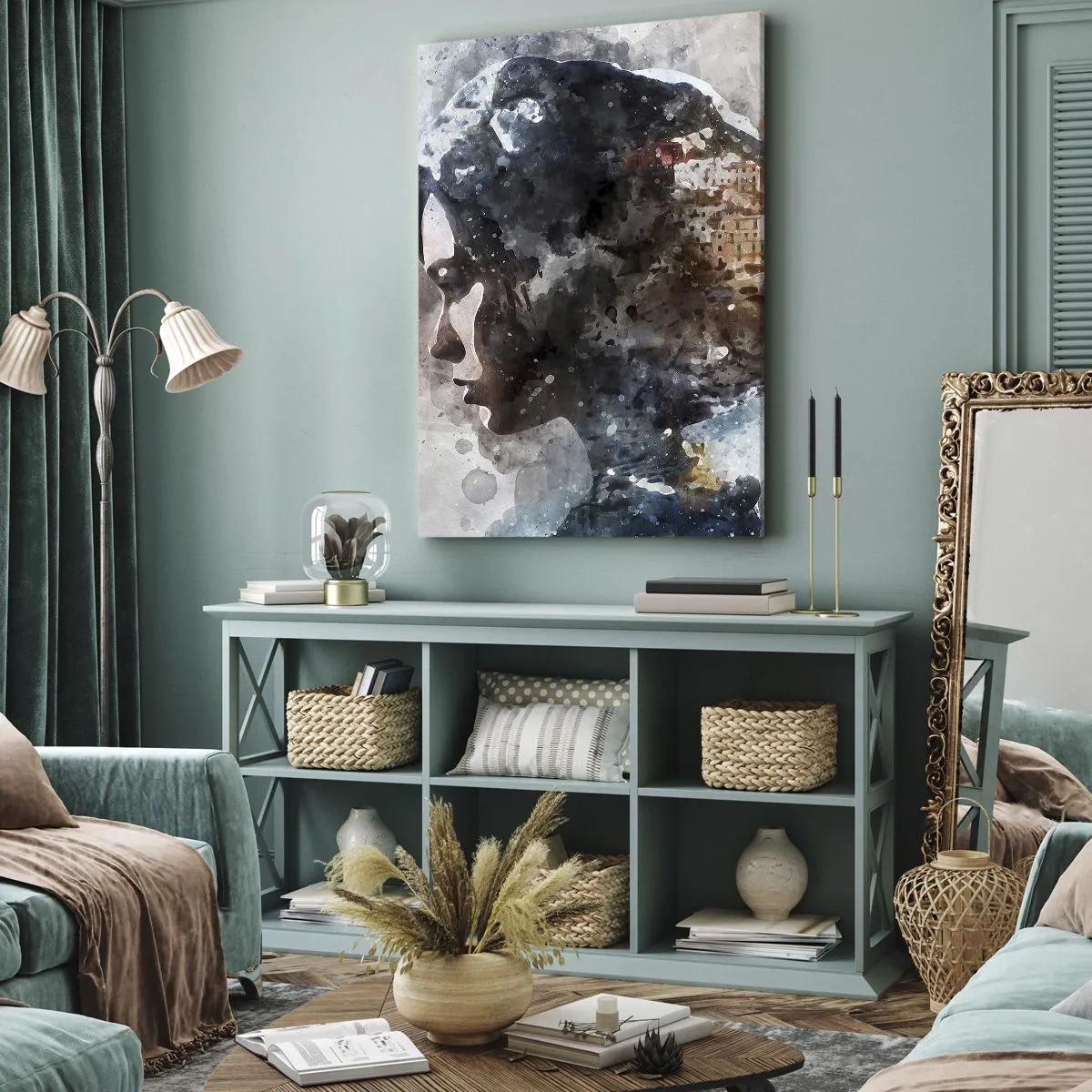 Lærredstryk - Billede på lærred - Historien om en pige med en by i baggrunden - 55x100 cm