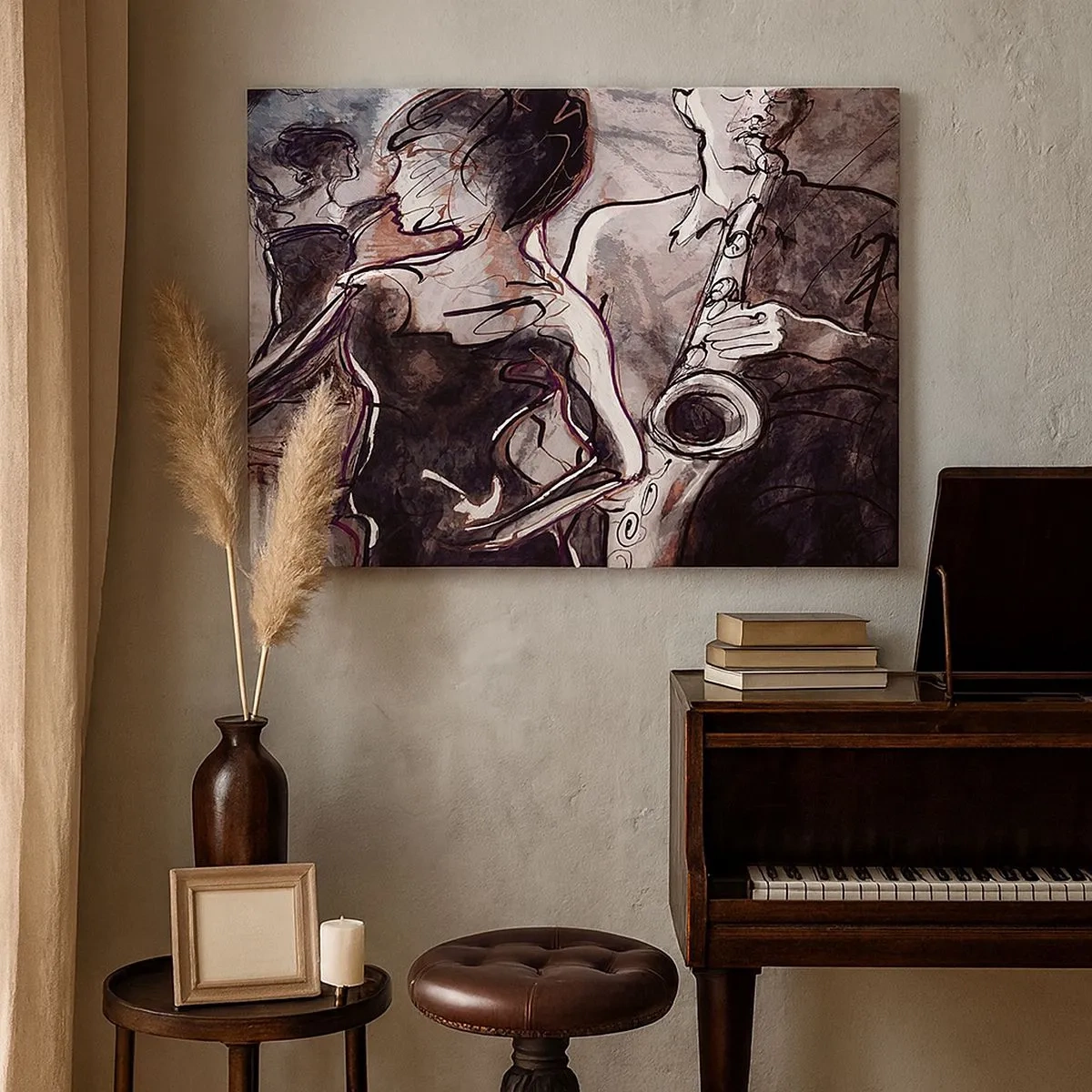 Lærredstryk - Billede på lærred - Abstrakt jazzscene med en saxofonist og en dansende kvinde. - 70x50cm - Opløses i musikken - Moderne vægdekoration til stue og soveværelse ARTTOR
