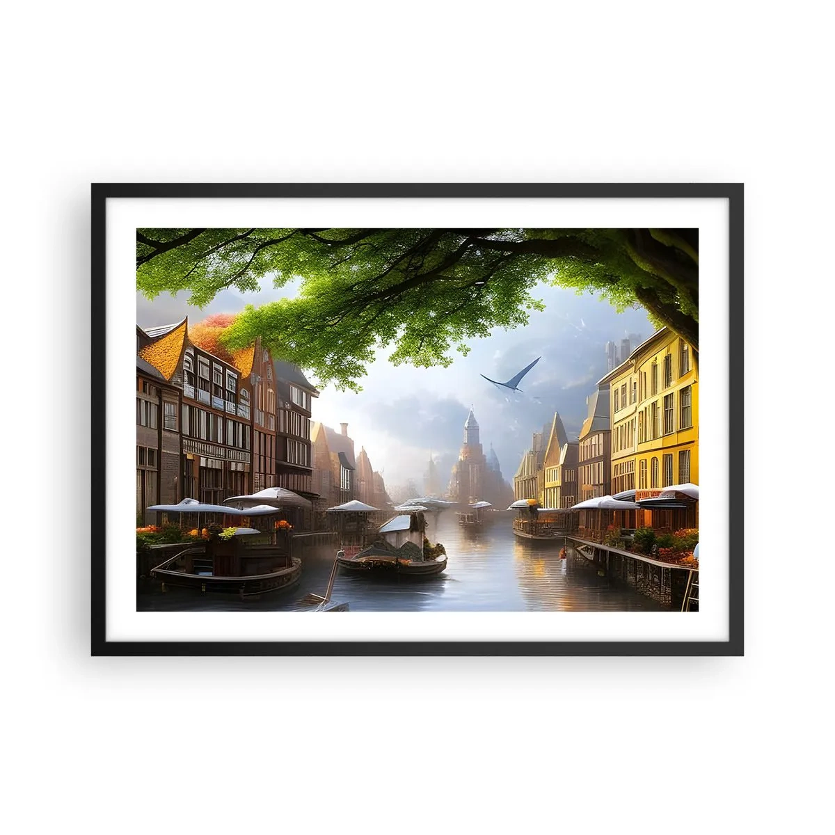 Plakat i sort ramme - Hollandsk bybillede - 70x50 cm