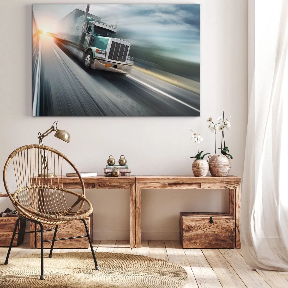 Lærredstryk - Billede på lærred - En lastbil på motorvejen i bevægelse ved solnedgang - 70x50cm - Amerikansk gigant på vej - Moderne vægdekoration til stue og soveværelse ARTTOR
