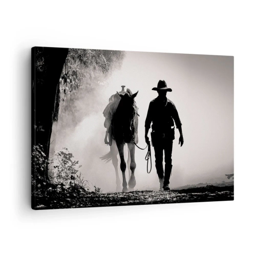 Lærredstryk - Billede på lærred - Cowboy med hest i morgentågen - 70x50cm - En morgen i Texas - Moderne vægdekoration til stue og soveværelse ARTTOR