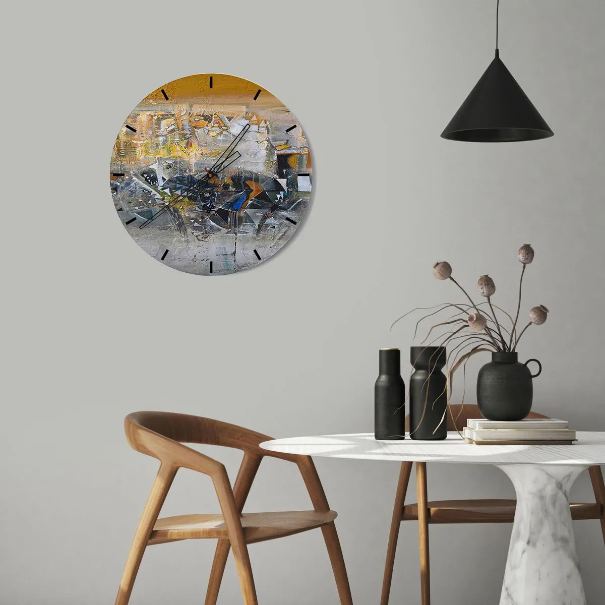 Vægur, Uret - Abstrakt collage i gule og grå nuancer - 30x30cm - Alt vil falde på plads - Moderne vægdekoration til stue, køkken og soveværelse ARTTOR