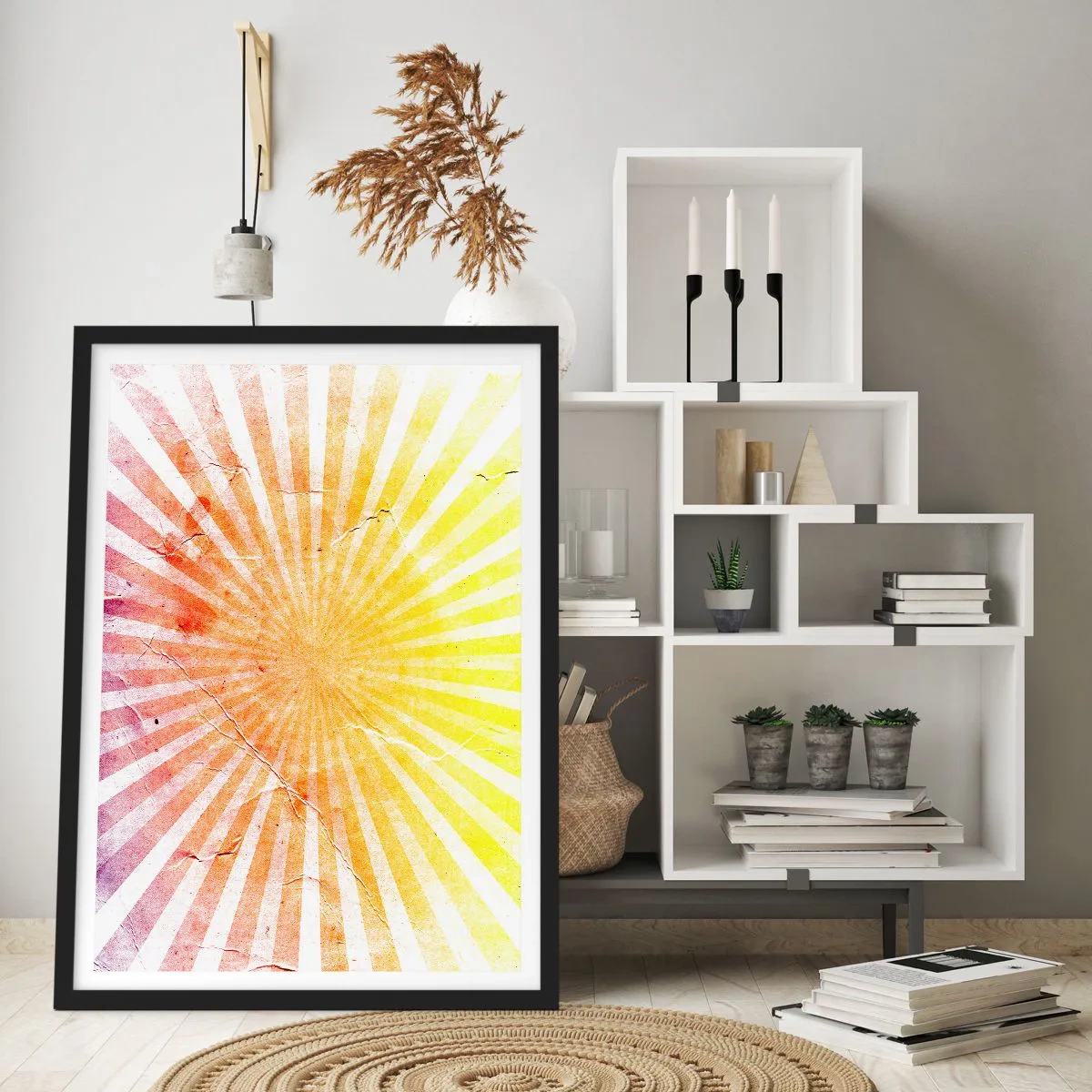 Plakat i sort ramme - Abstrakt mønster af stråler i nuancer af gul og rød - 50x70cm - Opgange og nedgange - Moderne vægdekoration til stue og soveværelse ARTTOR