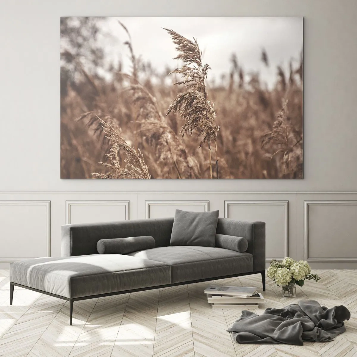 Billede på glas - Tørret græs i vinden i naturens efterårslys - 70x50cm - Efteråret er allerede på markerne - Moderne vægdekoration til stue og soveværelse ARTTOR