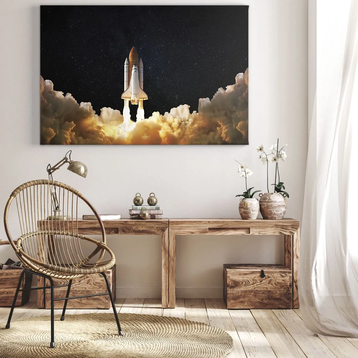 Lærredstryk - Billede på lærred - En rumraket letter mod stjernehimlen - 70x50cm - Ad astra! - Moderne vægdekoration til stue og soveværelse ARTTOR