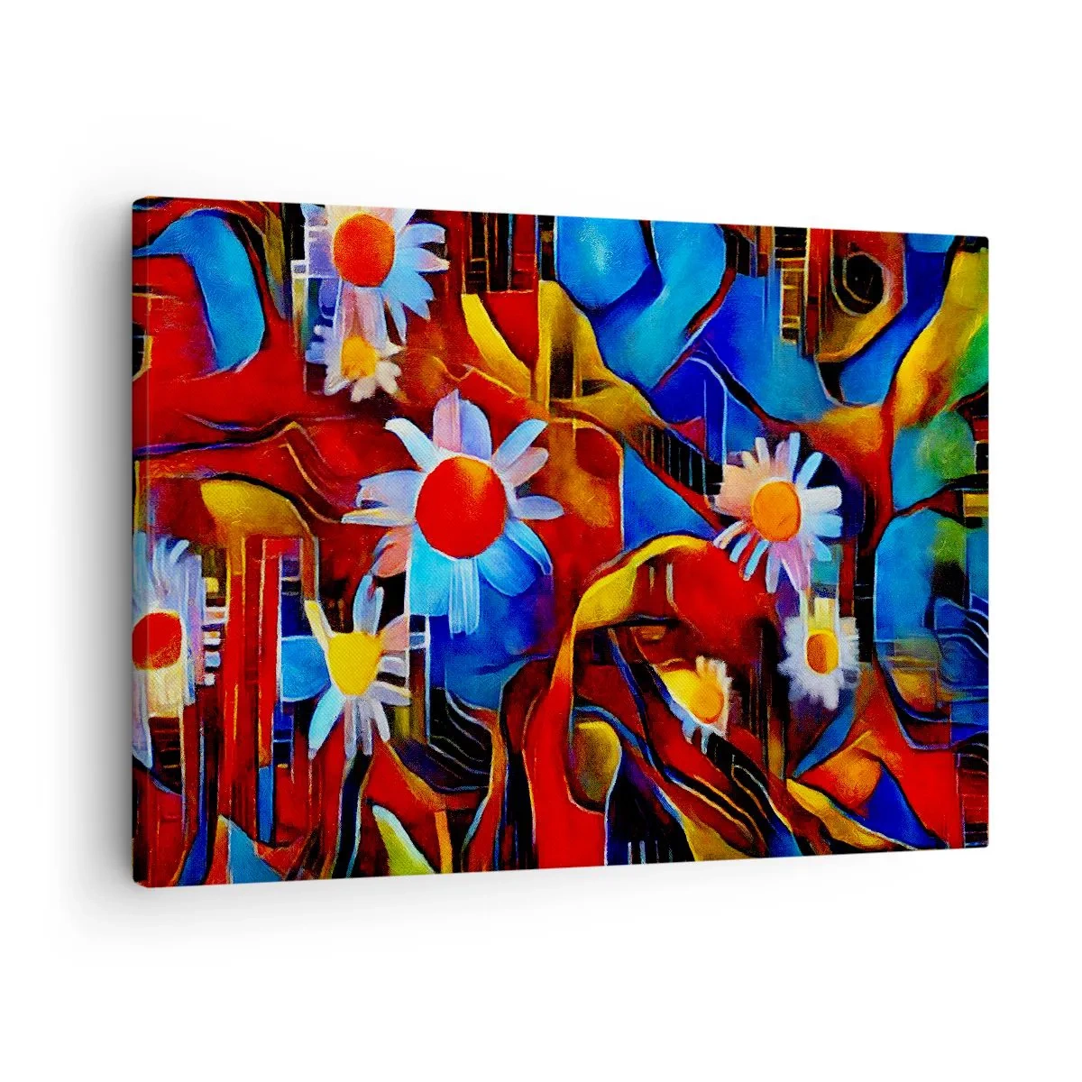 Lærredstryk - Billede på lærred - Abstrakte blomster mod en baggrund af geometriske mønstre - 70x50cm - Livets farver - Moderne vægdekoration til stue og soveværelse ARTTOR