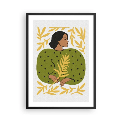 Plakat i sort ramme - Portræt af en kvinde i en grøn kjole med et gult blad og et fint mønster - 50x70cm - Hawaiiansk pige - Moderne vægdekoration til stue og soveværelse ARTTOR