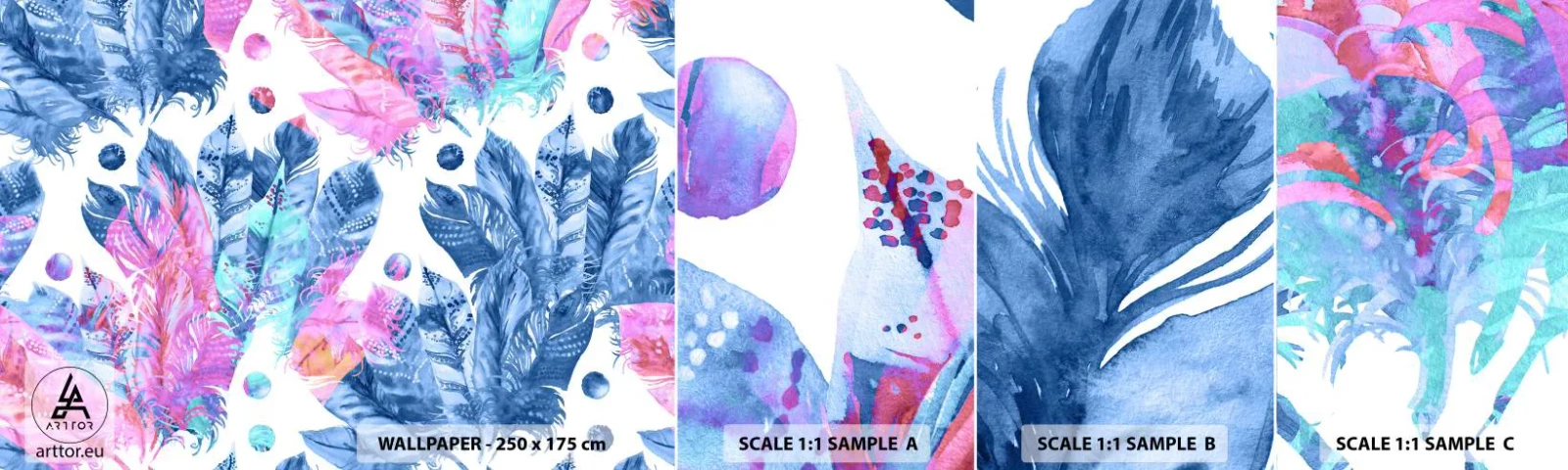 Prøve Fototapet Selvklæbende Deluxe Sticker - Plys i lyserød og blå - Fuglefjer, Farverig Illustration, Grafik - 100x30 cm