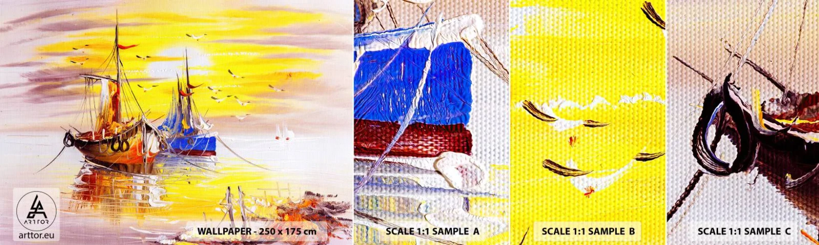 Prøve Fototapet Selvklæbende Deluxe Sticker - Et velfortjent hvil i havnen - Fiskebåd, Fiskeri, Fugle - 100x30 cm