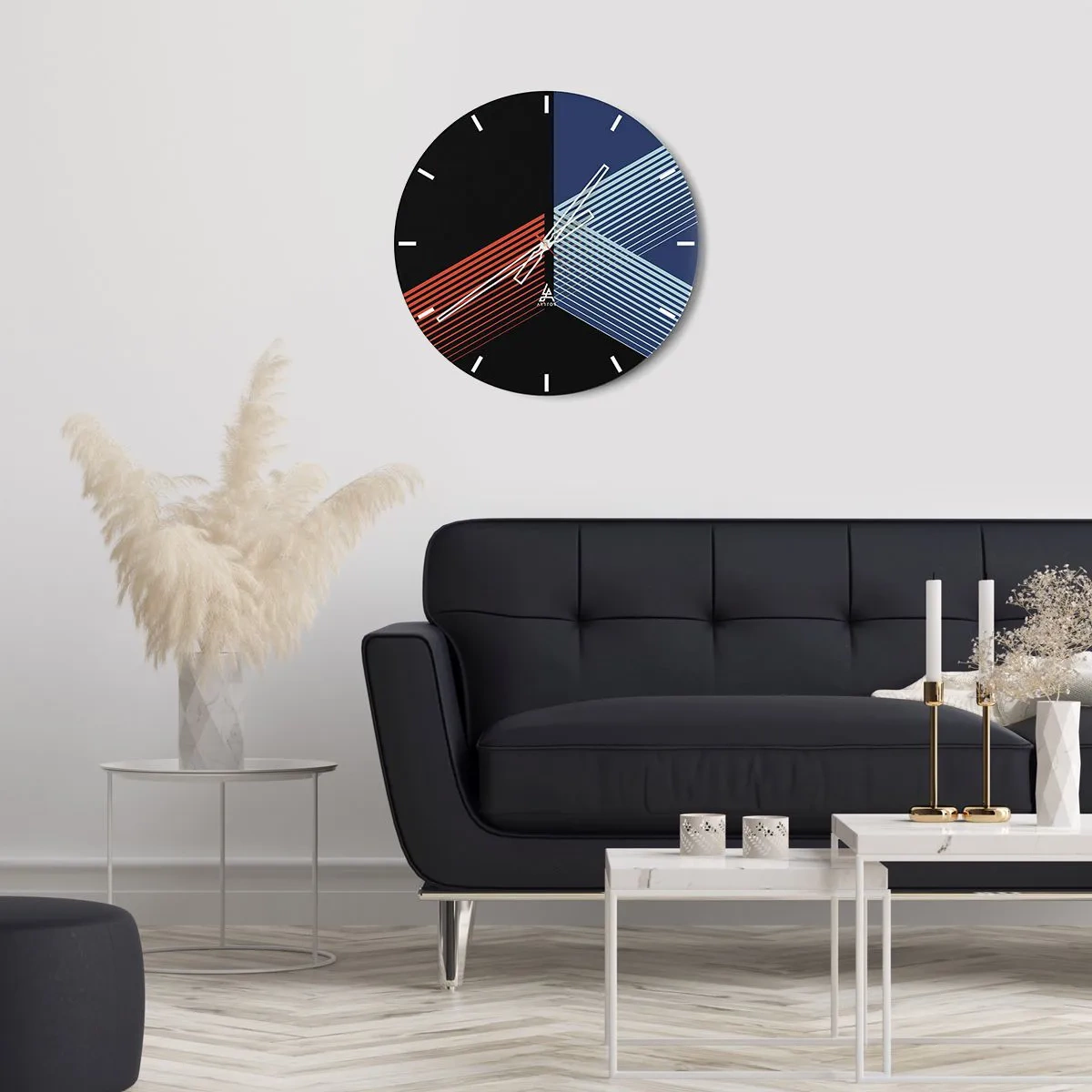 Vægur, Uret - Geometrisk abstraktion med linjer i kontrastfarver - 30x30cm - En simpel historie - Moderne vægdekoration til stue, køkken og soveværelse ARTTOR