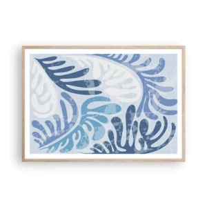 Plakat i ramme af lyst egetræ - Blå bregner - 100x70 cm
