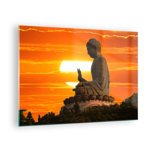 Billede på glas - Buddha-statue mod baggrunden af den nedgående sol - 70x50cm - Uden frygt for verden - Moderne vægdekoration til stue og soveværelse ARTTOR
