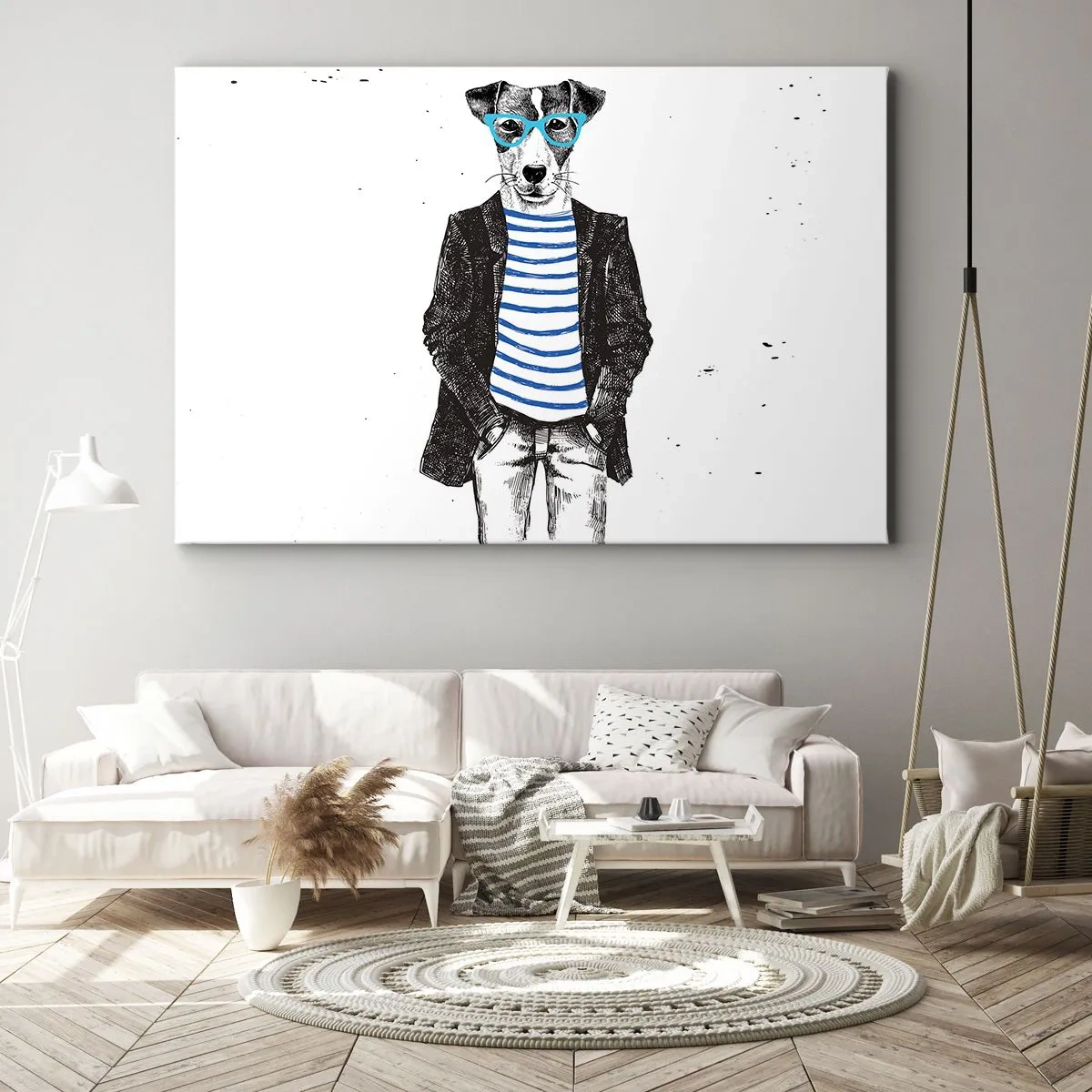 Lærredstryk - Billede på lærred - Portræt af en hund med briller og sømandsskjorte i humoristisk stil - 70x50cm - En charme til hunden - Moderne vægdekoration til stue og soveværelse ARTTOR