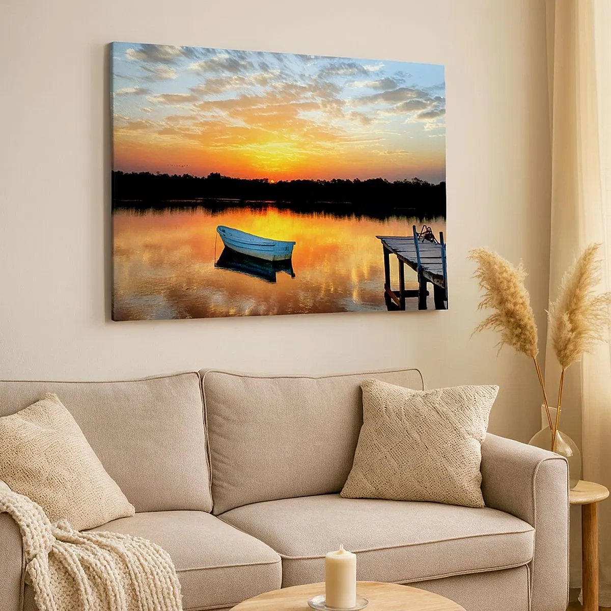 Lærredstryk - Billede på lærred - En båd på en rolig sø under solnedgang - 70x50cm - Se, lyt, meditér - Moderne vægdekoration til stue og soveværelse ARTTOR
