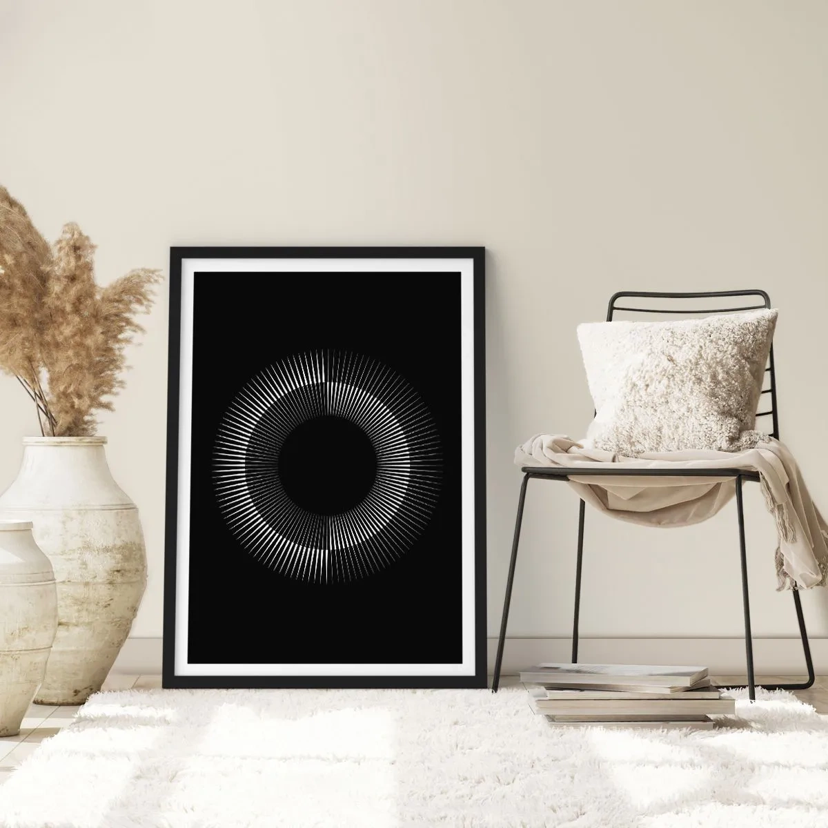 Plakat i sort ramme - En fascinerende komposition af en lysende cirkel på en sort baggrund. - 50x70cm - Sort sol - Moderne vægdekoration til stue og soveværelse ARTTOR